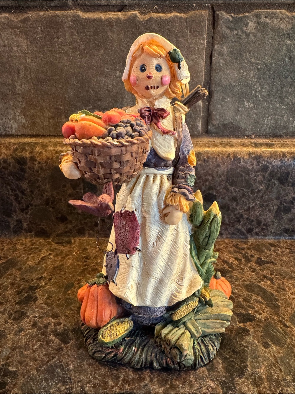 Autumn Harvest Girl Figurine with Basket of Fruit 6”